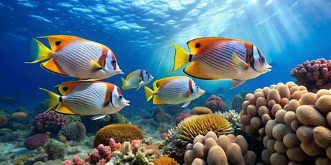 Fototapeta premium Vibrant Reef Fish School Swimming Gracefully Amidst a Lush Coral Garden in Sunlit Ocean Depths