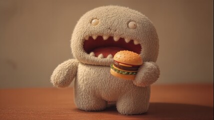 Un adorable monstruo de peluche sostiene un delicioso sándwich de hamburguesa.