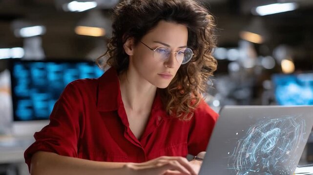 Focused Professional: A woman in glasses working diligently on her laptop in a modern office environment, illuminated by the glow of the screen, emphasizing concentration and the digital workplace.
