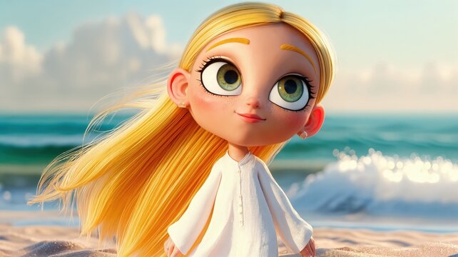 Una joven con cabello rubio y ojos verdes sonr&iacute;e mientras el viento juega con su pelo en una playa soleada.