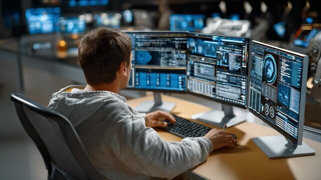 Tech Wizard at Work: A skilled technician, engrossed in a symphony of digital data, navigates complex systems on a multi-monitor setup.