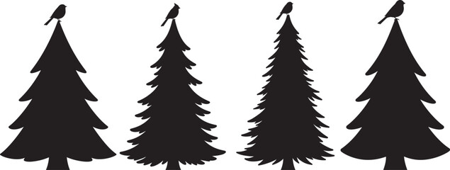 Fototapeta premium Four evergreen trees with birds on top silhouette