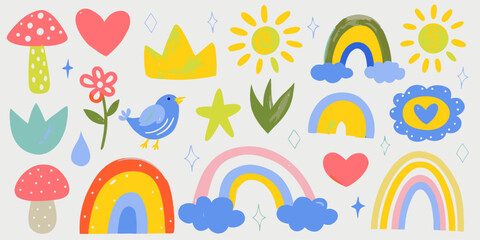 Crayon-drawn kid doodle collection.  Adorable girly doodle collection. Naive vector illustrations. Crayon-drawn kid drawings. 