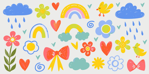 Crayon-drawn kid doodle collection.  Adorable girly doodle collection. Naive vector illustrations. Crayon-drawn kid drawings. 
