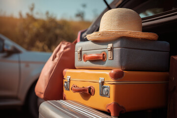 Suitcases, hat, and a car trunk, ready for a summer adventure.
