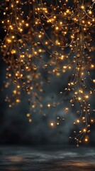 Decorative strings of warm lights hang gracefully against a dark backdrop in a cozy atmosphere ideal for festive occasions