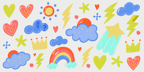 Crayon-drawn kid doodle collection.  Adorable girly doodle collection. Naive vector illustrations. Crayon-drawn kid drawings. 