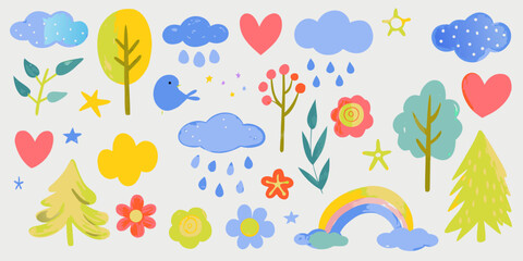 Crayon-drawn kid doodle collection.  Adorable girly doodle collection. Naive vector illustrations. Crayon-drawn kid drawings. 