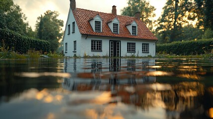 Obraz premium Tranquil house reflected in a flooded garden