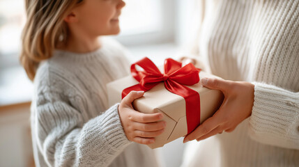 Mother gives a girl a large gift with red ribbon