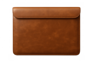 Sleek leather laptop sleeve protecting electronic device, featuring minimalist brown design against transparent backdrop