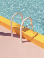 Una piscina con escaleras blancas sobre un fondo de colores pastel.