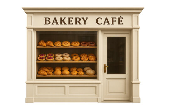 Rustic bakery storefront displaying freshly baked breads, pastries with golden crusts, warm bakery interior visible through large windows