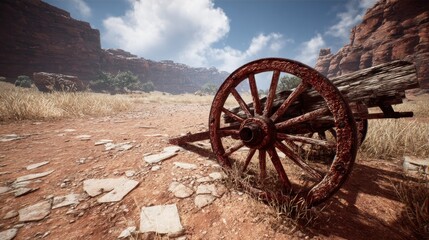 Fototapeta premium Rusty wagon wheel in arid landscape