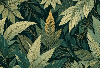 Muster mit grünen und goldenen Blättern auf schwarzem Hintergrund – elegantes, botanisches Design für Stoffe, Tapeten oder Drucke. Generative KI