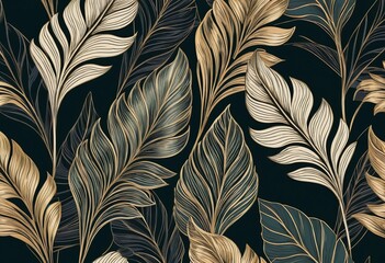 Muster mit grünen und goldenen Blättern auf schwarzem Hintergrund – elegantes, botanisches Design für Stoffe, Tapeten oder Drucke. Generative KI