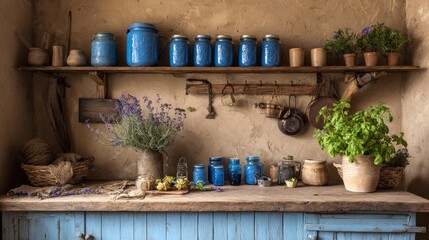 Fototapeta premium Rustic pantry with blue jars, herbs, and flowers