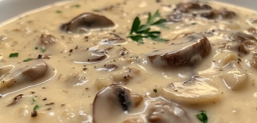 A close-up of creamy mushroom soup, captured in exquisite detail with rich textures, vibrant colors, and a beautifully composed background that highlights the freshness and visual appeal of the dish.