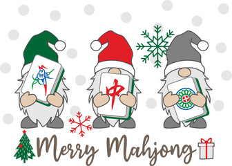 Christmas gnomes holding Mahjong tiles with festive decorations like Santa hats, snowflakes, trees, and gifts. Cute and playful design for holiday shirts, mugs, greeting cards, party invitations