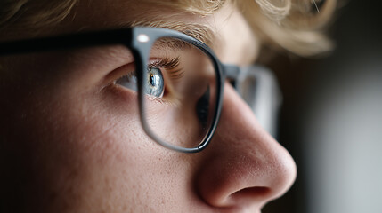 Close up on a man in glasses looks straight ahead