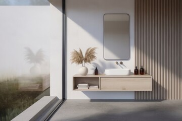 Sophisticated minimalist bathroom interior with natural light and soft aesthetic
