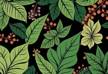 Muster mit grünen und goldenen Blättern auf schwarzem Hintergrund – elegantes, botanisches Design für Stoffe, Tapeten oder Drucke. Generative KI