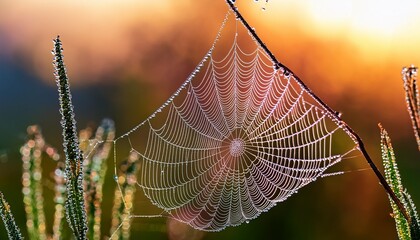 a close up of a spiderweb covered in dewdrops creating a glistening and delicate pattern against a blurred colorful background