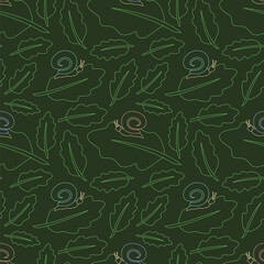 Seamless pattern with lush foliage and snails