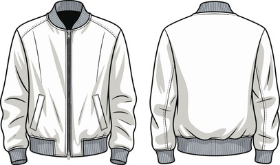 Men’s bomber jacket fashion flat sketch front and back view, ribbed collar, cuffs, hem, zipper pockets, cad vector template