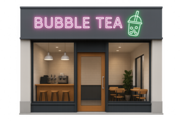 Glowing neon signage marking contemporary bubble tea storefront, revealing minimalist seating area and service counter against transparent backdrop