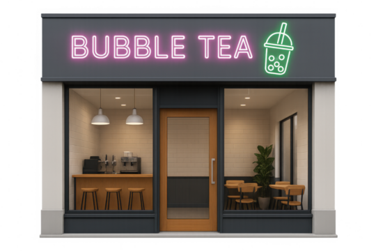Glowing neon signage marking contemporary bubble tea storefront, revealing minimalist seating area and service counter against transparent backdrop