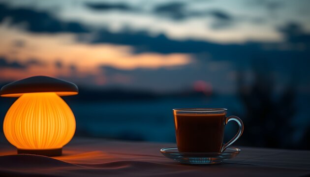 dark moody dramatic sunset sky, glass mug on wooden table, glowing orange paper lantern, lake or ocean in background, atmospheric scenic landscape
