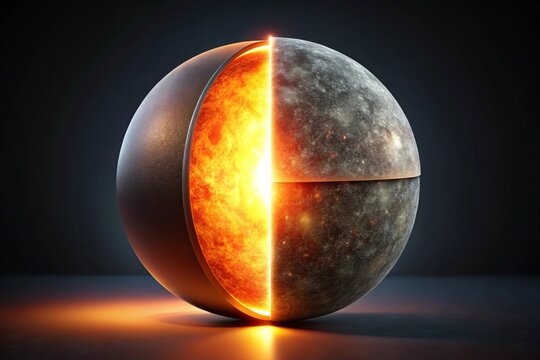 A crosssection of a planet reveals a glowing, fiery core radiating intense heat and light against a dark, cosmic background - Powered by Adobe