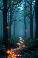 Fototapeta premium A path illuminated by glowing lights winds through a misty forest, creating a magical and enchanting atmosphere.