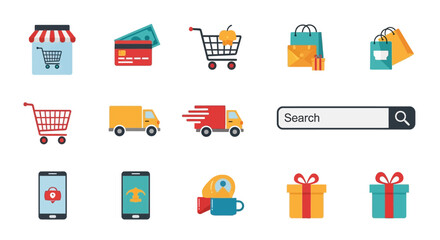 A collection of flat vector icons representing online shopping, including a store, credit card, cart, delivery trucks, search bar, shopping bags, and mobile phones.