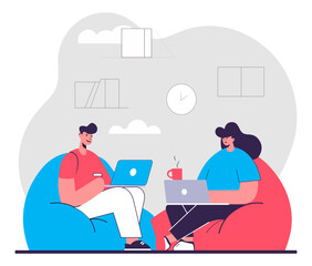Flat Vector Illustration of Coworkers Collaborating in a Flexible Seating Lounge With Laptops, Tea Mugs, Happy Teamwork, Soft Pastel Tones, and Eco-Friendly Atmosphere