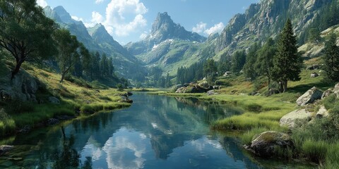Breathtaking mountain landscape with a serene lake reflecting the sky and greenery under bright daylight