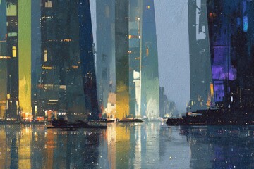 Abstract Colorful Night Cityscape With Reflections