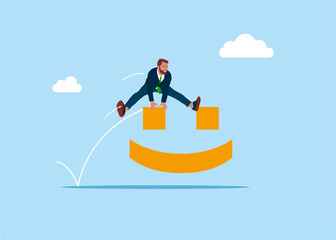 Businessman jumping over positive emoticon. Worker employee overcome barrier solve trouble. Increased emotional intelligence. Flat vector illustration