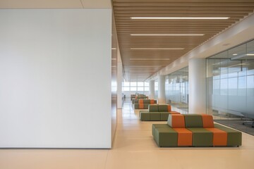 Modern lobby area with modular seating in neutral color palette design concept