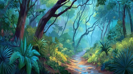 Naklejka premium Lush jungle path in a misty forest.