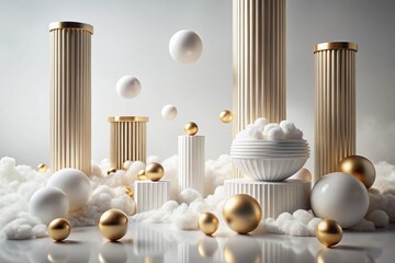 An elegant composition of floating gold and white spheres and minimalist columns amidst soft clouds, creating a surreal and luxurious atmosphere