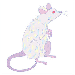 White colored mouse. With red eyes. Small cute animal. Sits with its paws folded. Beautiful gentle illustration. Vector, hand-drawn. Print on pins, stickers, cups, clothes, sketchbooks. Logos. 