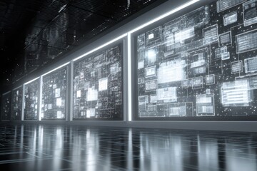 Data visualization on screens in server room; complex interface background
