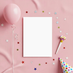 Minimalist A4 Birthday Card Mockup on Pastel Pink Fabric with Balloon String, Confetti, and Party Horn – Elegant Flat Lay Scene for Invitation or Greeting Design Presentation