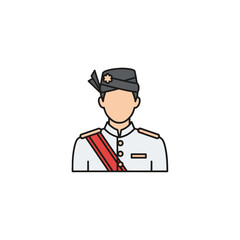 Vector Illustration of Uniformed Officer in Vintage Military Style with Classic Hat and Red Sash in Minimalist Modern Design