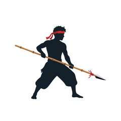 Silhouette Warrior Vector Illustration with Spear in Dynamic Pose in Minimalist Style with Black and Red Accents