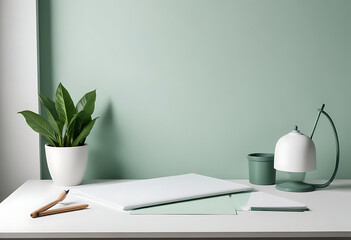 Creative desk setup with frames and green decor