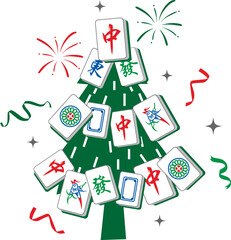 Christmas tree decorated with Mahjong tiles, gifts, and festive elements in a fun and unique holiday style. Perfect for Christmas cards, t-shirts, mugs, posters, and party decorations. Vector EPS 