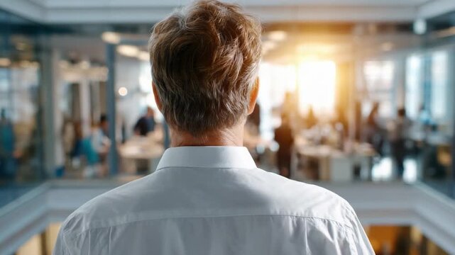 Visionary in the Office: A resolute leader, viewed from behind, gazes upon the vibrant, dynamic office environment. The scene embodies leadership, forward-thinking, and aspiration. 